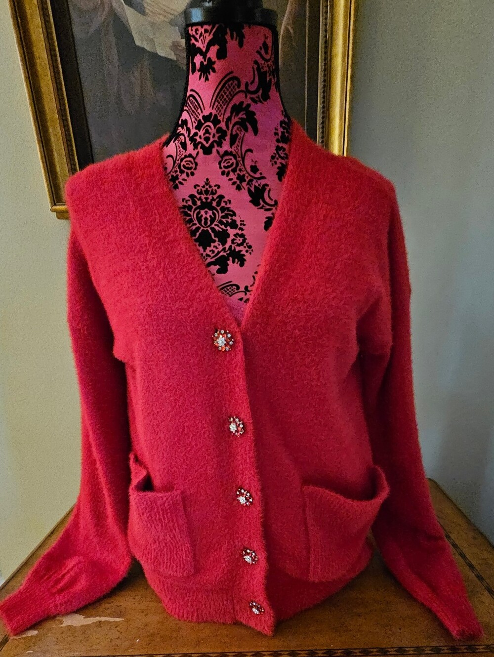 VENUS Red, Buttery Soft V-Neck Jewel Button Cardigan Sweater